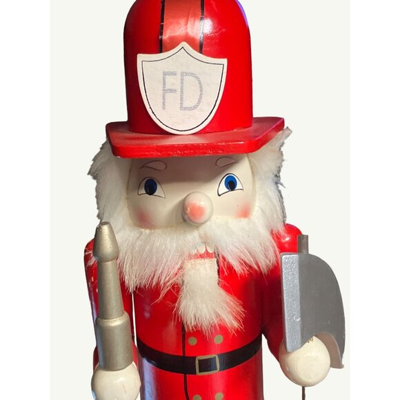 Vintage Wooden Firefighter Nutcracker Holding  Fire Hose and Accessories - Picture 2 of 12